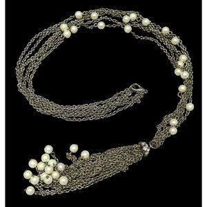 Vintage Multistrand Faux Pearl Chain Tassel Necklace With Rhinestone Accents